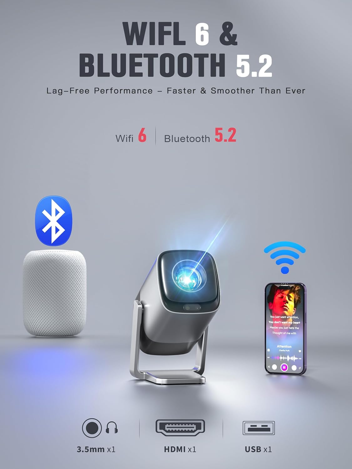 Compatible with Netflix & TOF Real-time Focus Mini Projector with WiFi and Bluetooth, XuanPad Silver Smart Projector 4K Support, Dolby Audio & Keystone, 210° Rotatable Stand for Home