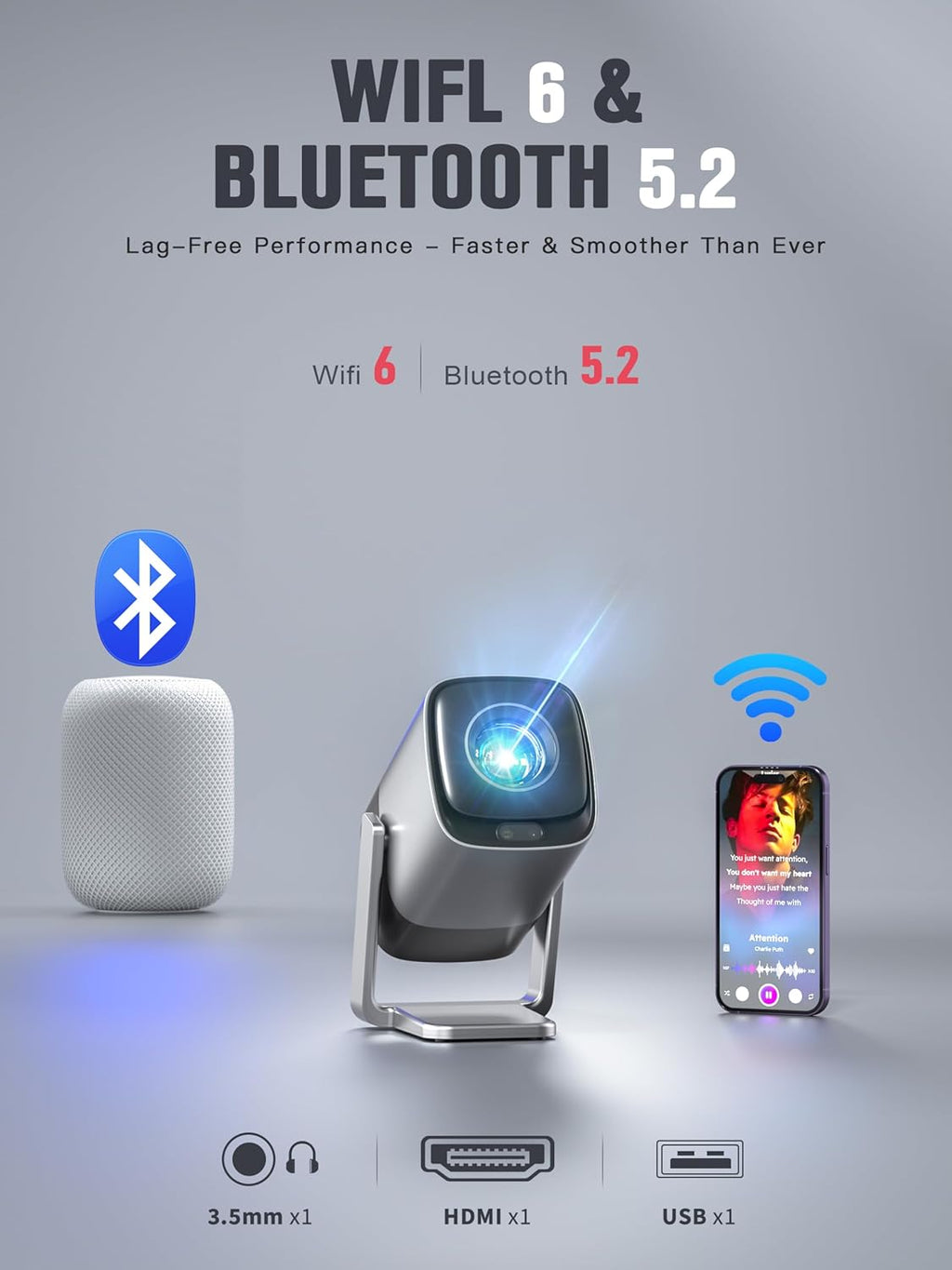 Compatible with Netflix & TOF Real-time Focus Mini Projector with WiFi and Bluetooth, XuanPad Silver Smart Projector 4K Support, Dolby Audio & Keystone, 210° Rotatable Stand for Home