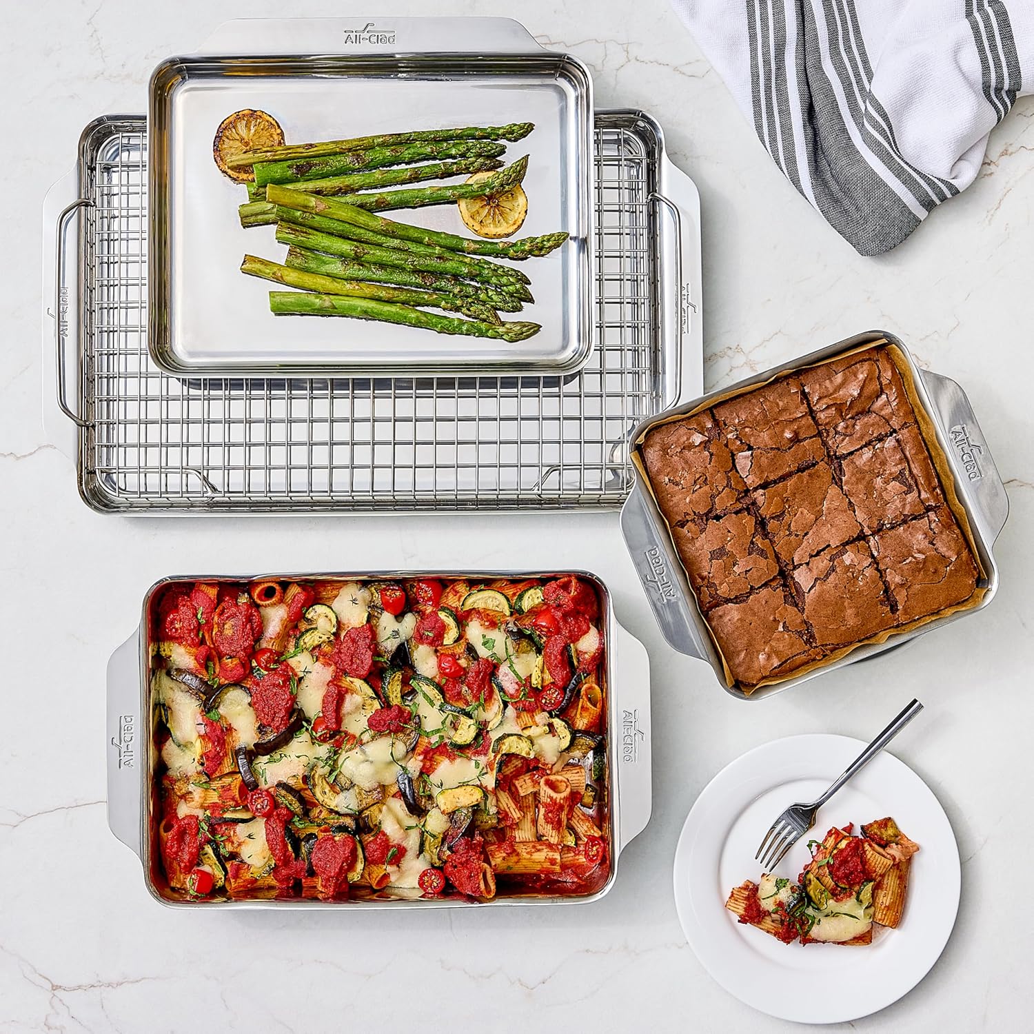 All-Clad Stainless Steel Baking Pans 5-Piece Set-Tri-ply Bonded for Consistent Baking- Includes Square and Rectangular Baking Pans, Baking Sheets, & Cooling Rack- Professional Stainless Steel Bakeware