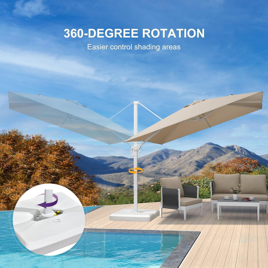 PURPLE LEAF 9 FT White Patio Umbrella With Base Outdoor Cantilever Umbrellas Square Offset Umbrella Windproof with 360° Rotation for Garden Deck Pool, Beige