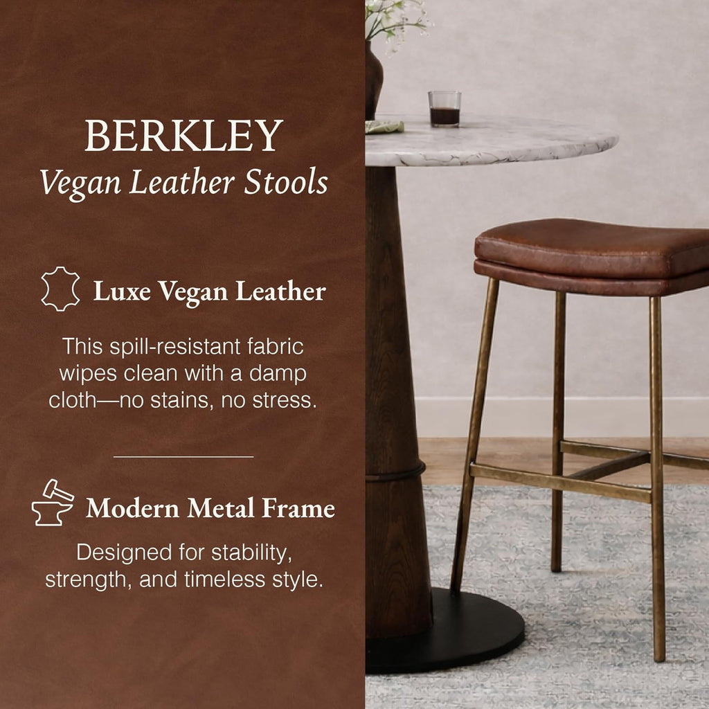 Maven Lane Berkley Backless Bar Stool 31 Inch – Saddle Stool with Footrest – Aged Gold Metal Frame & Brown Faux Leather Upholstery – Ideal for Bars, Pubs and Tall Kitchen Counters