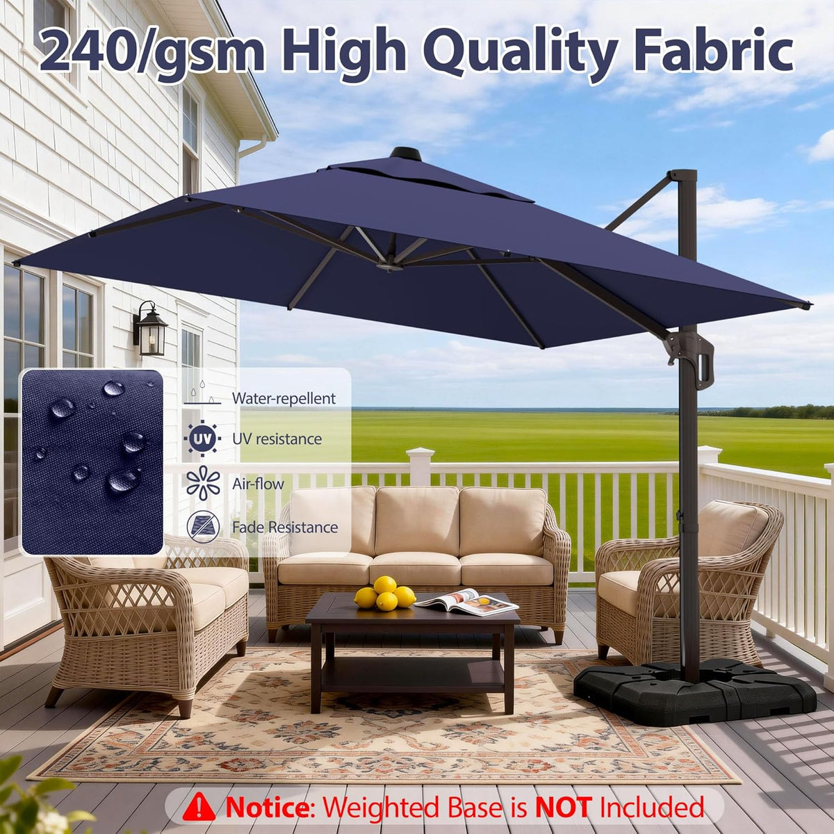 10' X 10' Patio Umbrella Cantilever Outdoor Rectangle Umbrella with Base Included, Heavy Duty 360°Rotation Offset Umbrella for Garden Deck Pool Patio, Navy Blue