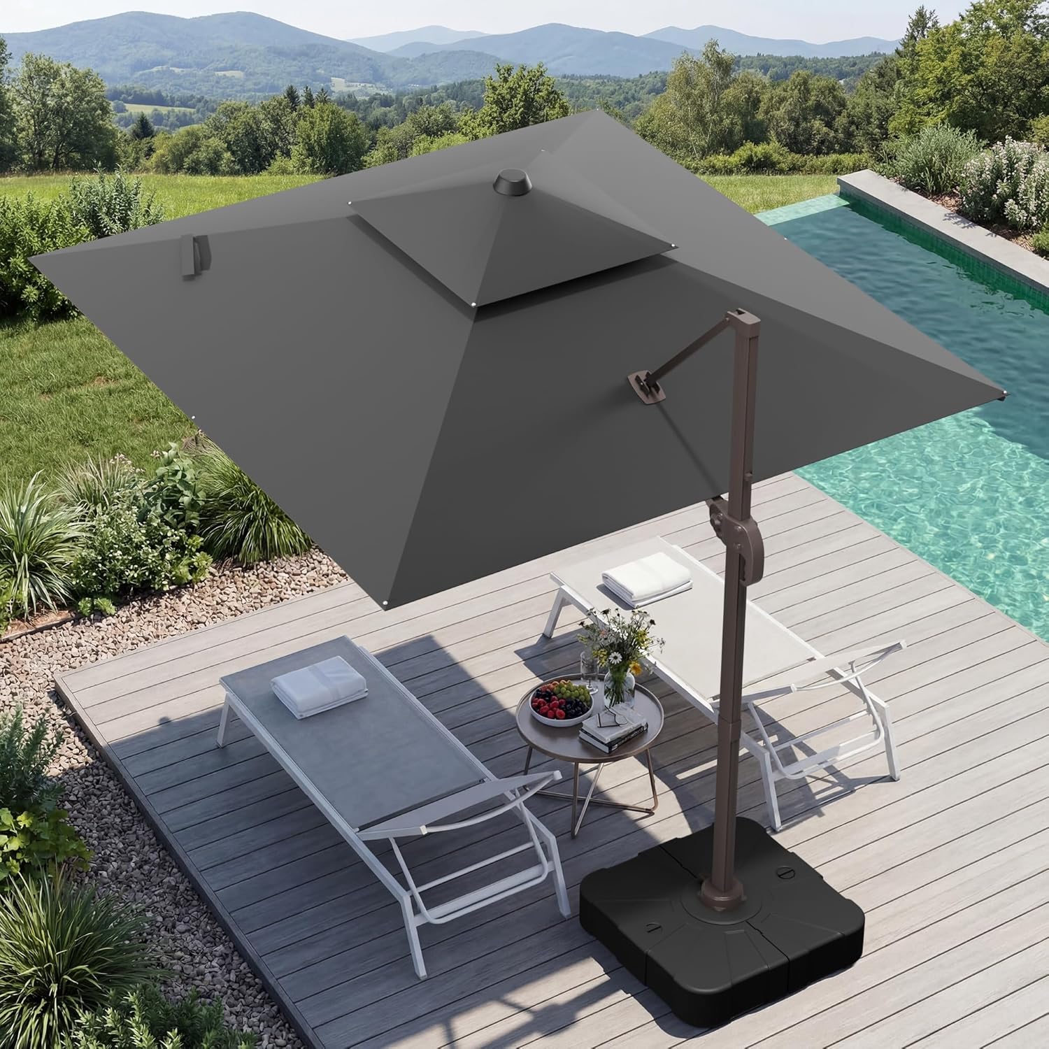 GENTEACO 10X10 FT Cantilever Umbrella with Base Included, Large Offset Patio Umbrella with Double Top, 6 Angle Tilts & 360° Rotation, Large Square Sun Umbrellas for Outdoor Pool Market, Grey