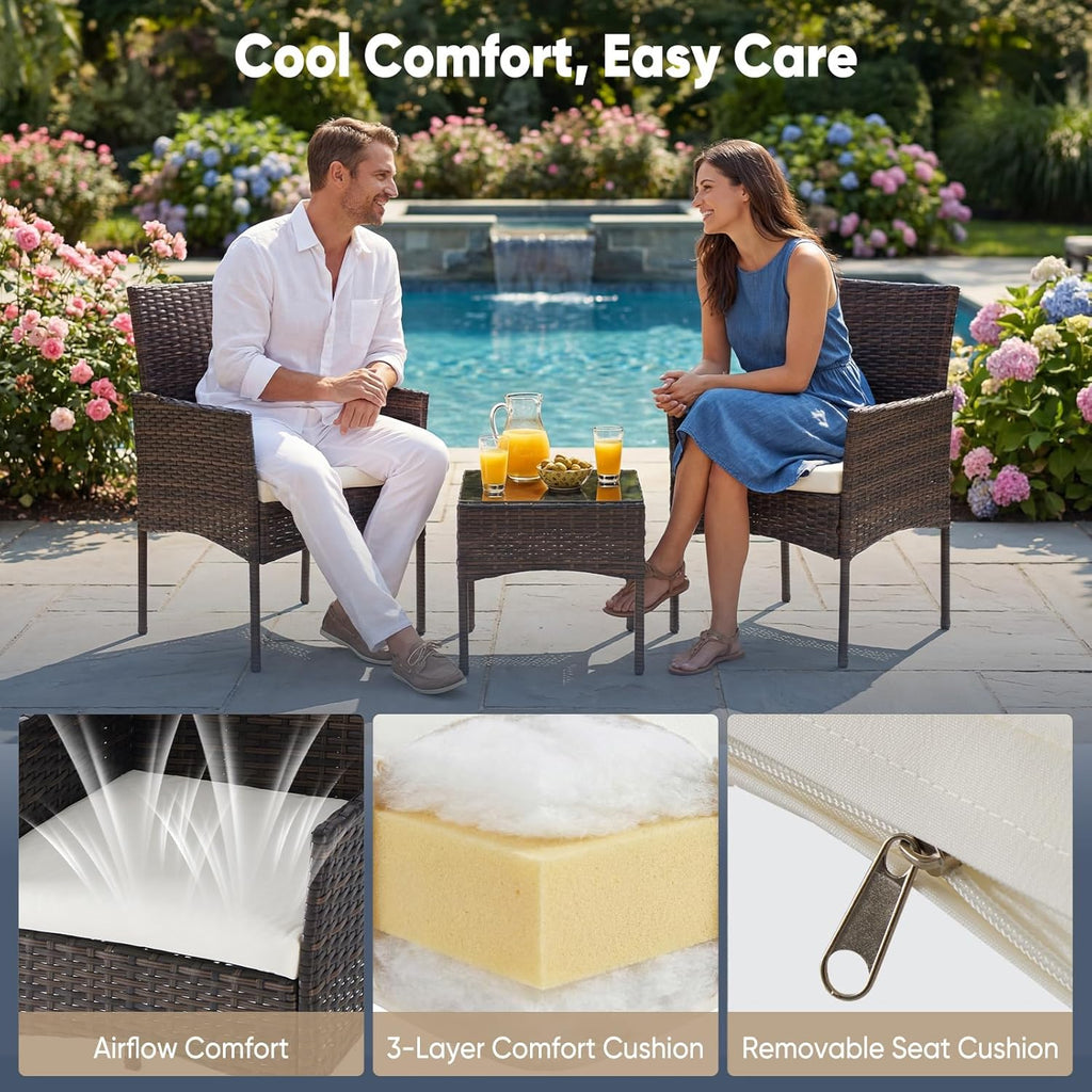 DUMOS 3 Piece Patio Furniture Set, All-Weather Outdoor Wicker Chairs with Removable Cushions & Tempered Glass Table, Small Bistro Set for Porch, Balcony, Lawn, Backyard, Brown