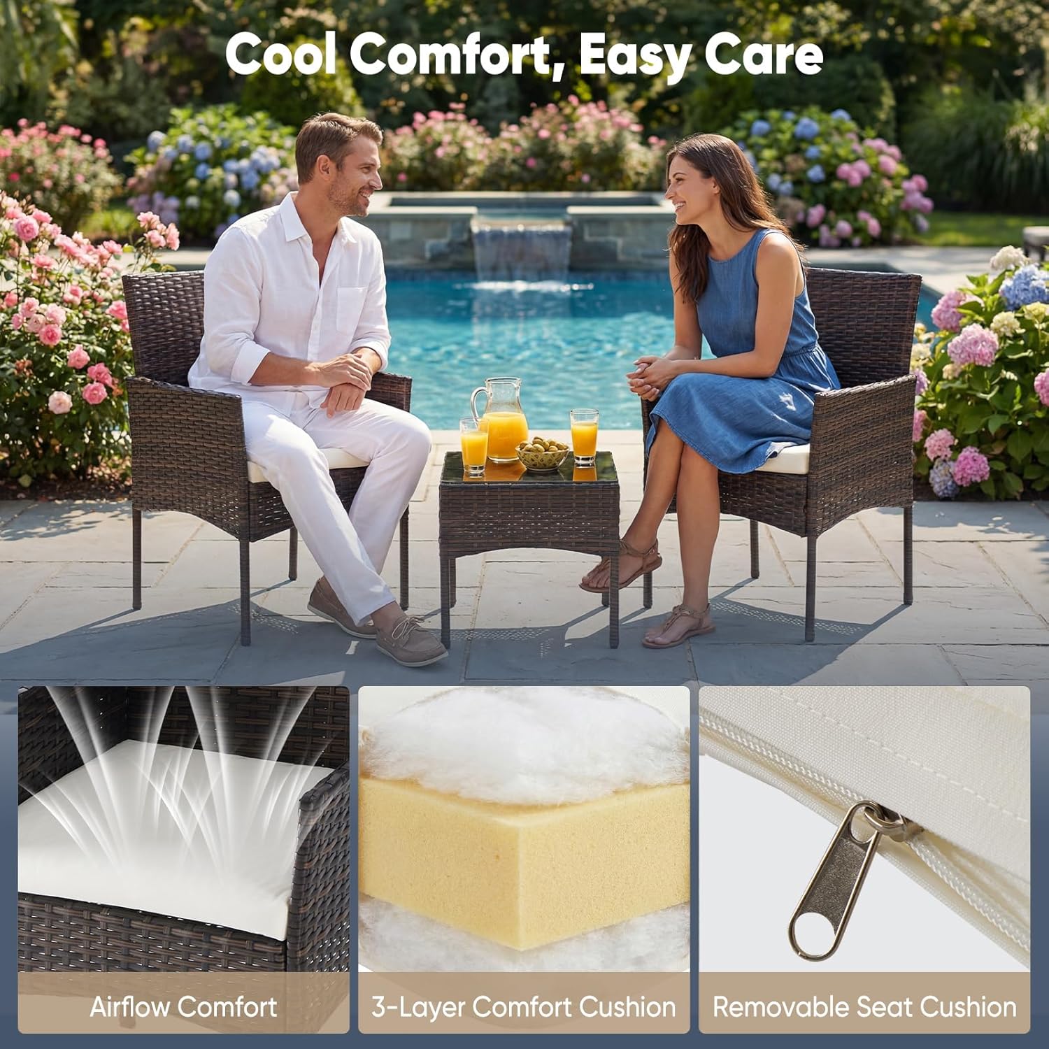 DUMOS 3 Piece Patio Furniture Set, All-Weather Outdoor Wicker Chairs with Removable Cushions & Tempered Glass Table, Small Bistro Set for Porch, Balcony, Lawn, Backyard, Brown