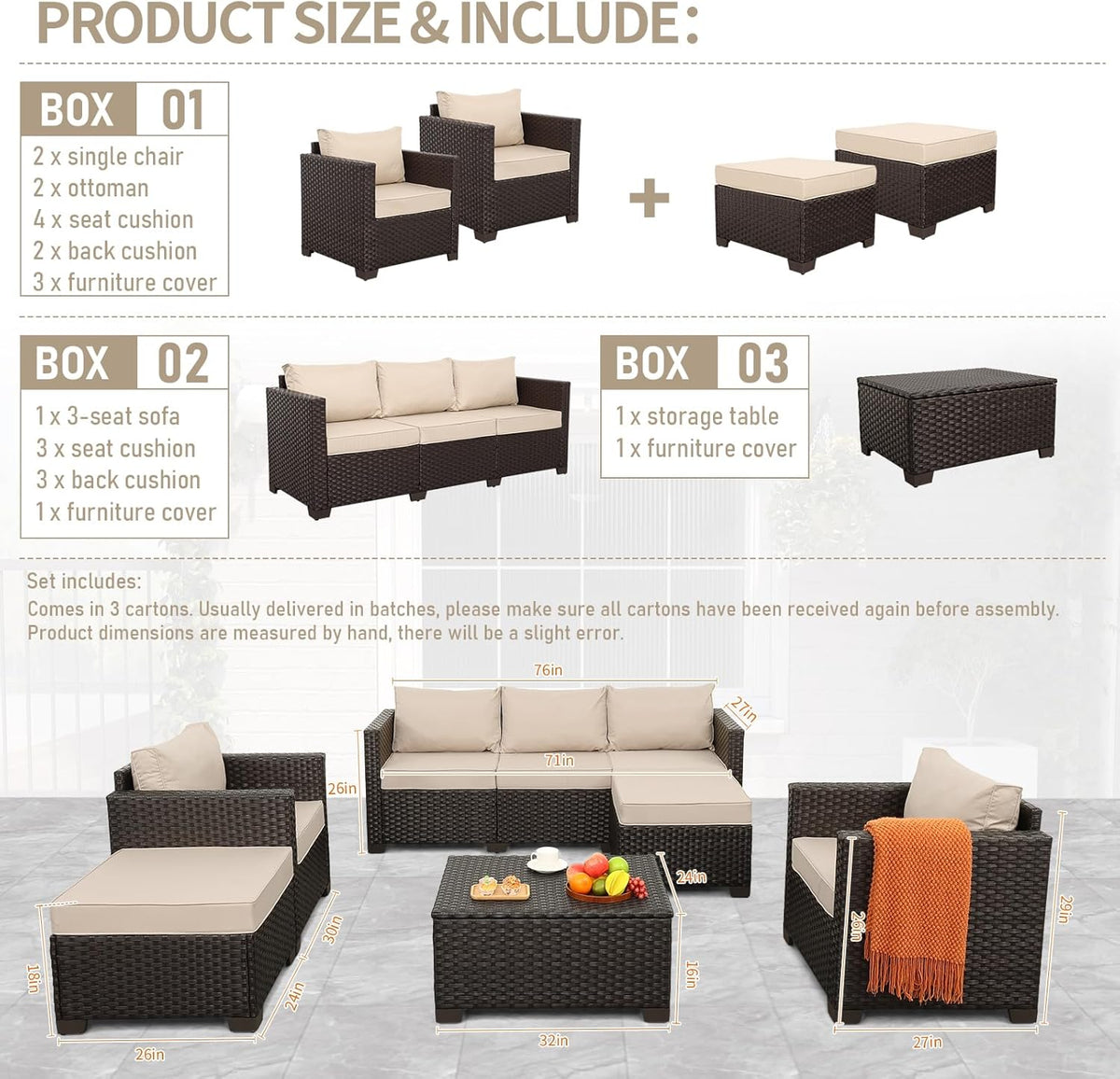 Rattan Star 6 Pieces Patio Outdoor Furniture Outdoor Conversation Sets Wicker Sofa Set with Outdoor Couch Patio Chairs Storage Coffee Table Khaki Cushions Waterproof Covers