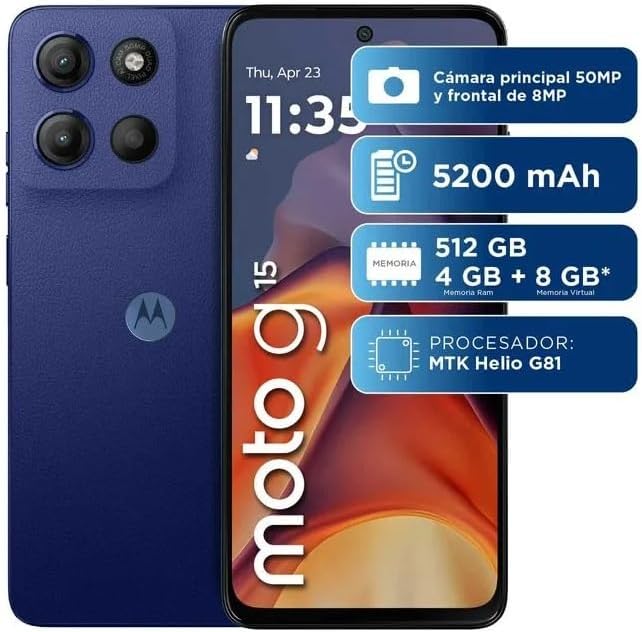 Motorola Moto G15 4G LTE (XT2521-2) 4+512GB Dual Sim | GSM Unlocked | International Model | for T-Mobile, Metro PCS, Mint, Ultra, & Tello - (Blue)