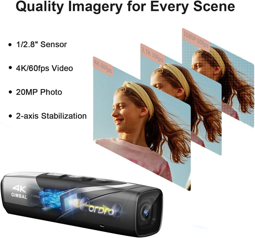 ORDRO EP8 4K 60FPS Head-Mounted Camera with 2-Axis Gimbal Stabilizer | Wearable Vlog Cam | Auto Focus, WiFi App & Remote Control | Includes 64GB Card