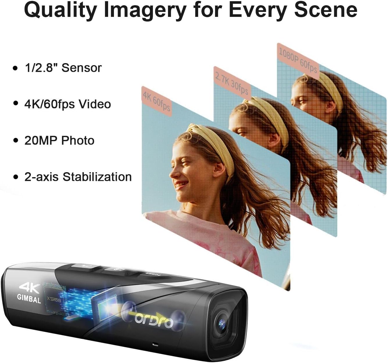 ORDRO EP8 4K 60FPS Head-Mounted Camera with 2-Axis Gimbal Stabilizer | Wearable Vlog Cam | Auto Focus, WiFi App & Remote Control | Includes 64GB Card