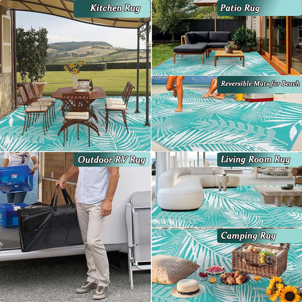 Outdoor Rug Waterproof for Patios Clearance, 10'x14' Quick Drying Outdoor Plastic Straw Rug Camping Carpet, Outside Floor Mats Large Area Rugs for RV,Patio,Deck,Porch, Beach, Balcony,Teal&White