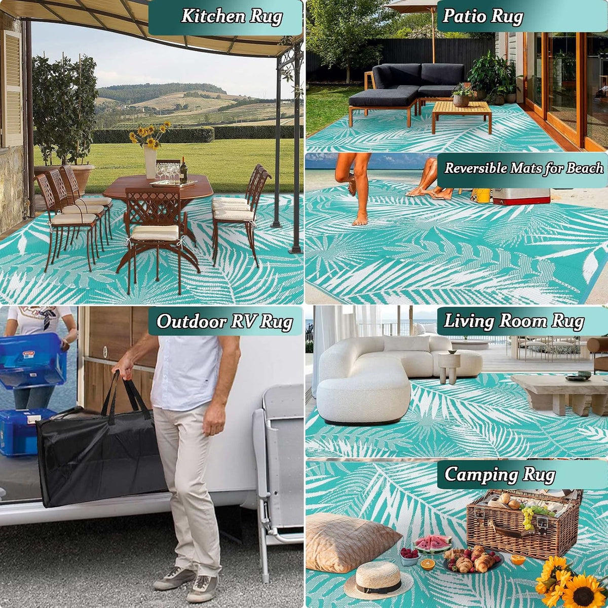 Outdoor Rug Waterproof for Patios Clearance, 10'x14' Quick Drying Outdoor Plastic Straw Rug Camping Carpet, Outside Floor Mats Large Area Rugs for RV,Patio,Deck,Porch, Beach, Balcony,Teal&White