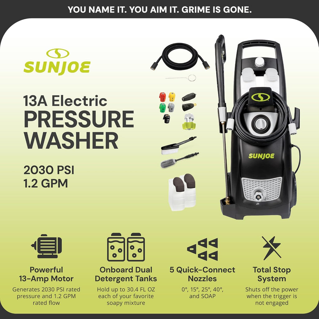 Sun Joe Electric Pressure Power Washer w/ Extension Spray Wand and Hose, 2030 PSI, 1.2 GPM, 14.5-Amp Motor - Heavy-Duty Cleaning Machine for Patios, Decks, Sidewalks & Cars, SPX3000-PK1