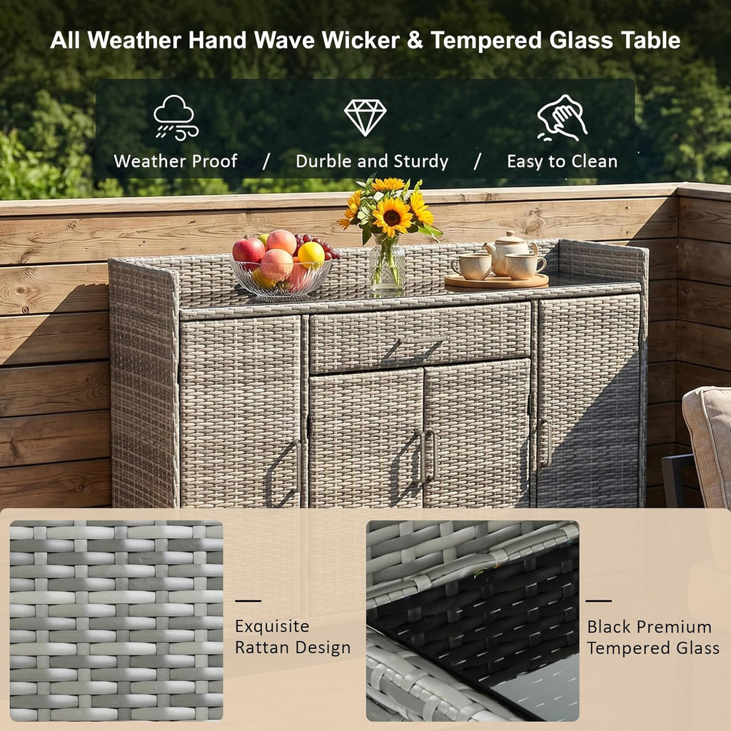 Merax 53.2" Patio Wicker Storage Cabinet, Outdoor Waterproof Patio Bar Table with Drawer and Shelves, Wicker Buffet Cabinet Sideboard for Poolside and Backyard, Black+Brown