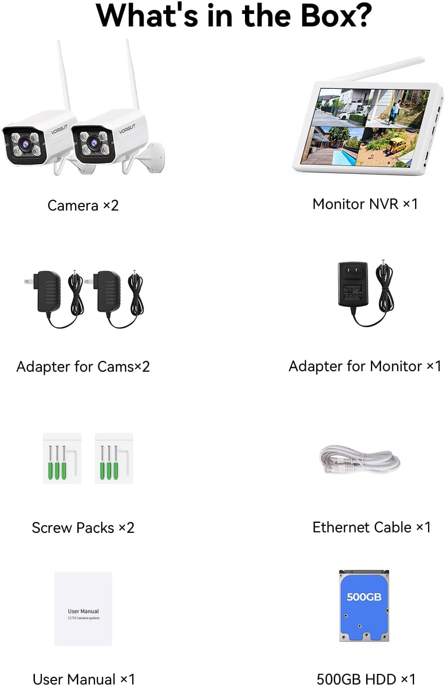Wireless Security Camera System with 10" LCD Monitor, 2PCS 3MP Bullet Outdoor Camera Metal Shell for Home Surveillance, 10CH NVR with 500G HDD, 24/7 Record,Human Detection,No Monthly Fee