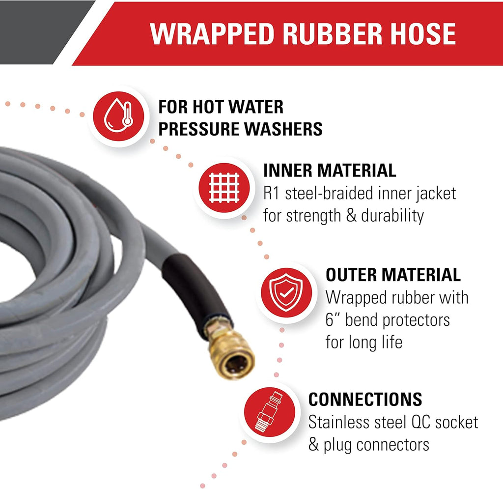 Simpson Cleaning 41183 Wrapped Rubber 4500 PSI Pressure Washer Hose, Hot and Cold-Water Use, Industrial Strength, 3/8 Inch Inner Diameter, 50 Feet, Gray