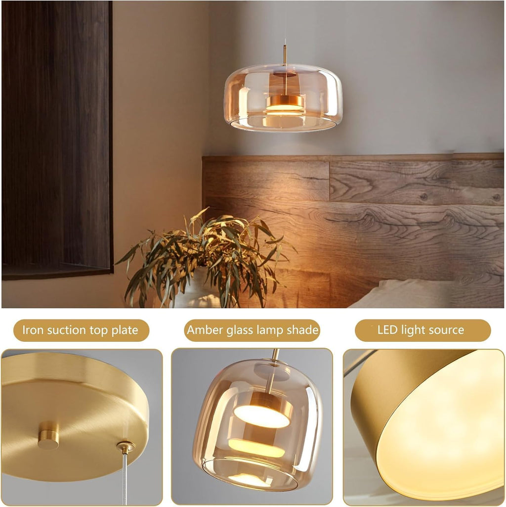 Amber Glass Chandelier Round Pendant Light for Kitchen Island Modern Amber Glass Lampshade with Hanging Lights for Dining Room Living Room Bedroom Coffee Shop Aisle Corridor (B Style)