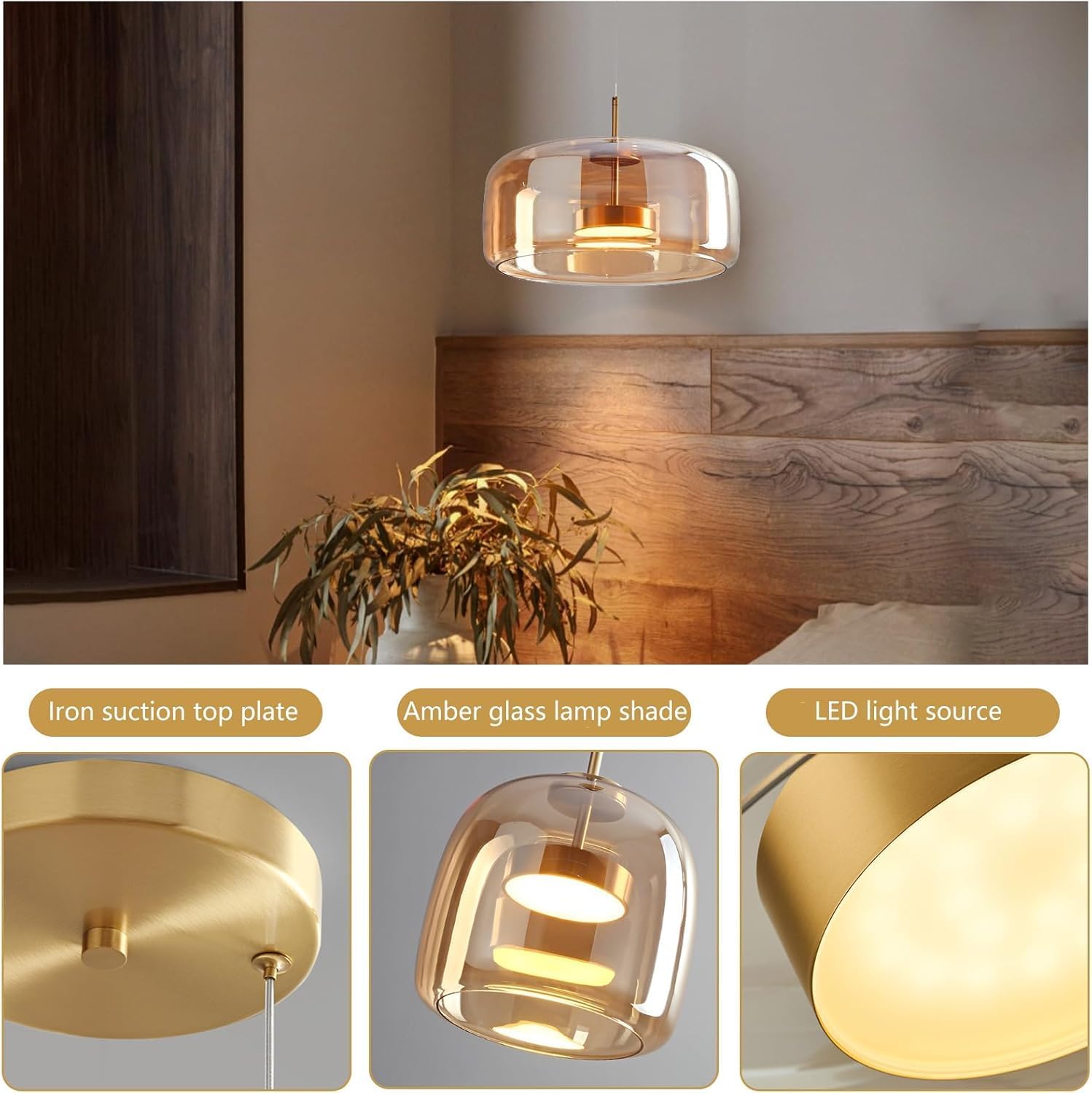 Amber Glass Chandelier Round Pendant Light for Kitchen Island Modern Amber Glass Lampshade with Hanging Lights for Dining Room Living Room Bedroom Coffee Shop Aisle Corridor (B Style)