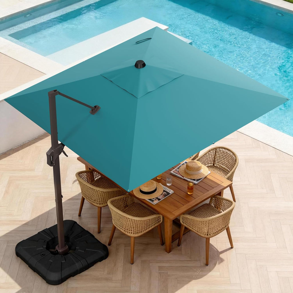 10' X 10' Patio Umbrella Cantilever Outdoor Rectangle Umbrella with Base Included, Heavy Duty 360°Rotation Offset Umbrella for Garden Deck Pool Patio, Turquoise
