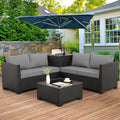 WAROOM Patio Furniture Set 4 Piece Conversation Sets Black Rattan Outdoor Couch Loveseat Wicker Sectional Sofa with Storage Box Glass Top Table, Grey Cushion