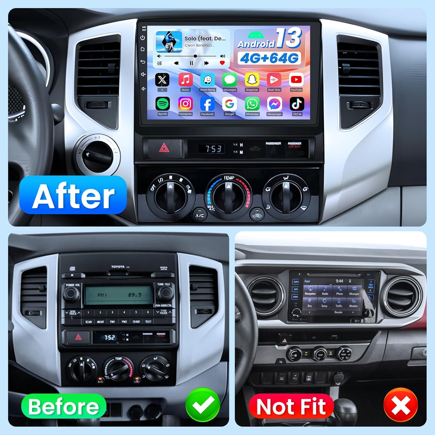 4GB RAM+ 64GB ROM Car Radio for Toyota Tacoma 2005-2015, 9 Inch 1280 * 800 Touch Screen Android 13 Head Unit, Car Stereo with Wireless CarPlay Android Auto Bluetooth WiFi GPS FM SWC