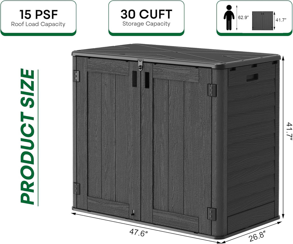 Outdoor Storage Shed, 30 Cu Ft Waterproof Horizontal Resin Storage Cabinet, Weather-Resistant Garden Shed Trash Can Storage with Pad-Lockable Doors for Backyards (Black)