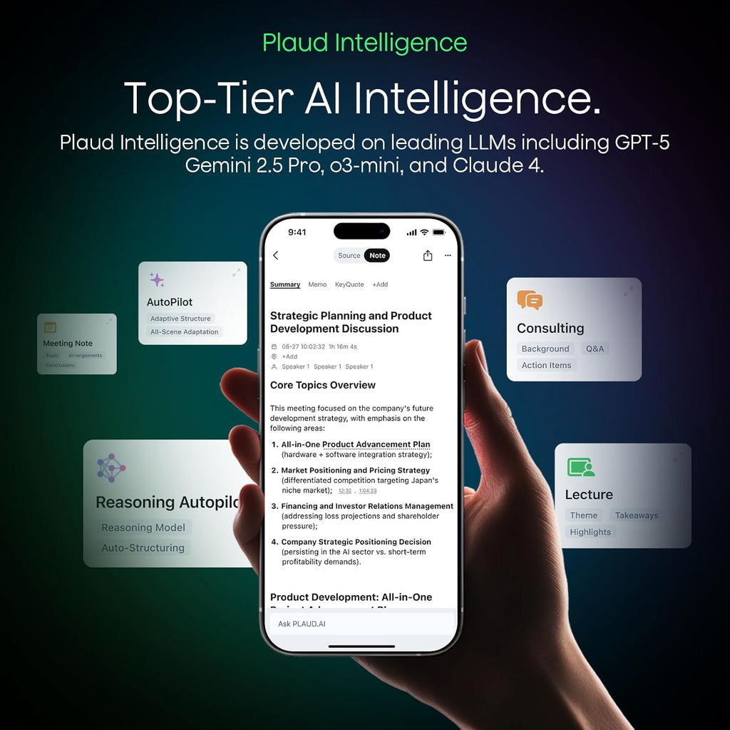 Plaud NotePin AI Voice Recorder, Voice Recorder with Adjustable Wearable Strap & Neck Strap Lanyard, Transcribe & Summarize with AI Technology, 64GB Memory