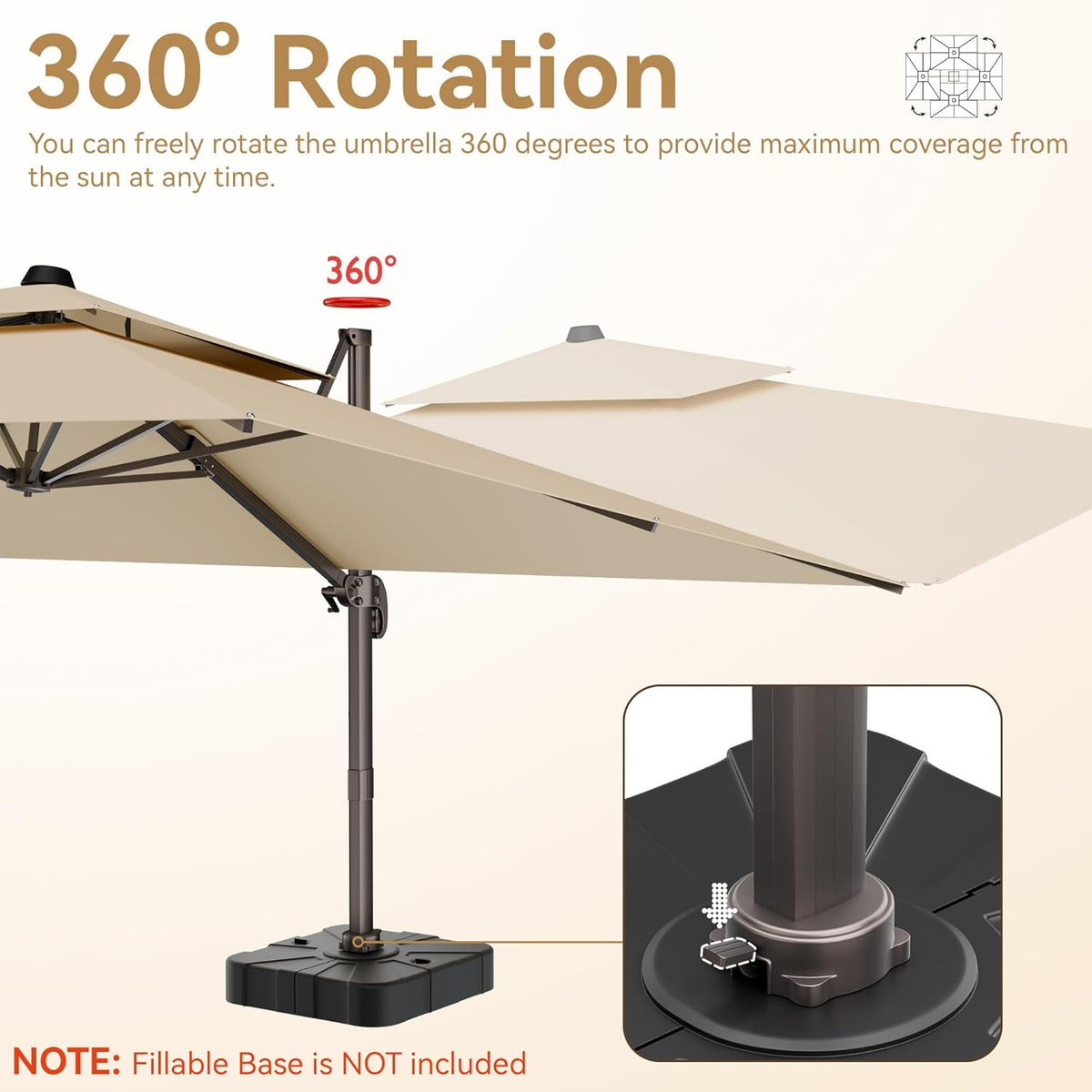 9x12 FT Patio Umbrella, Large Cantilever Rectangular Double Top Heavy Duty Offset Umbrellas with 360° Rotation, Outdoor shade for Garden Deck Pool, Tan