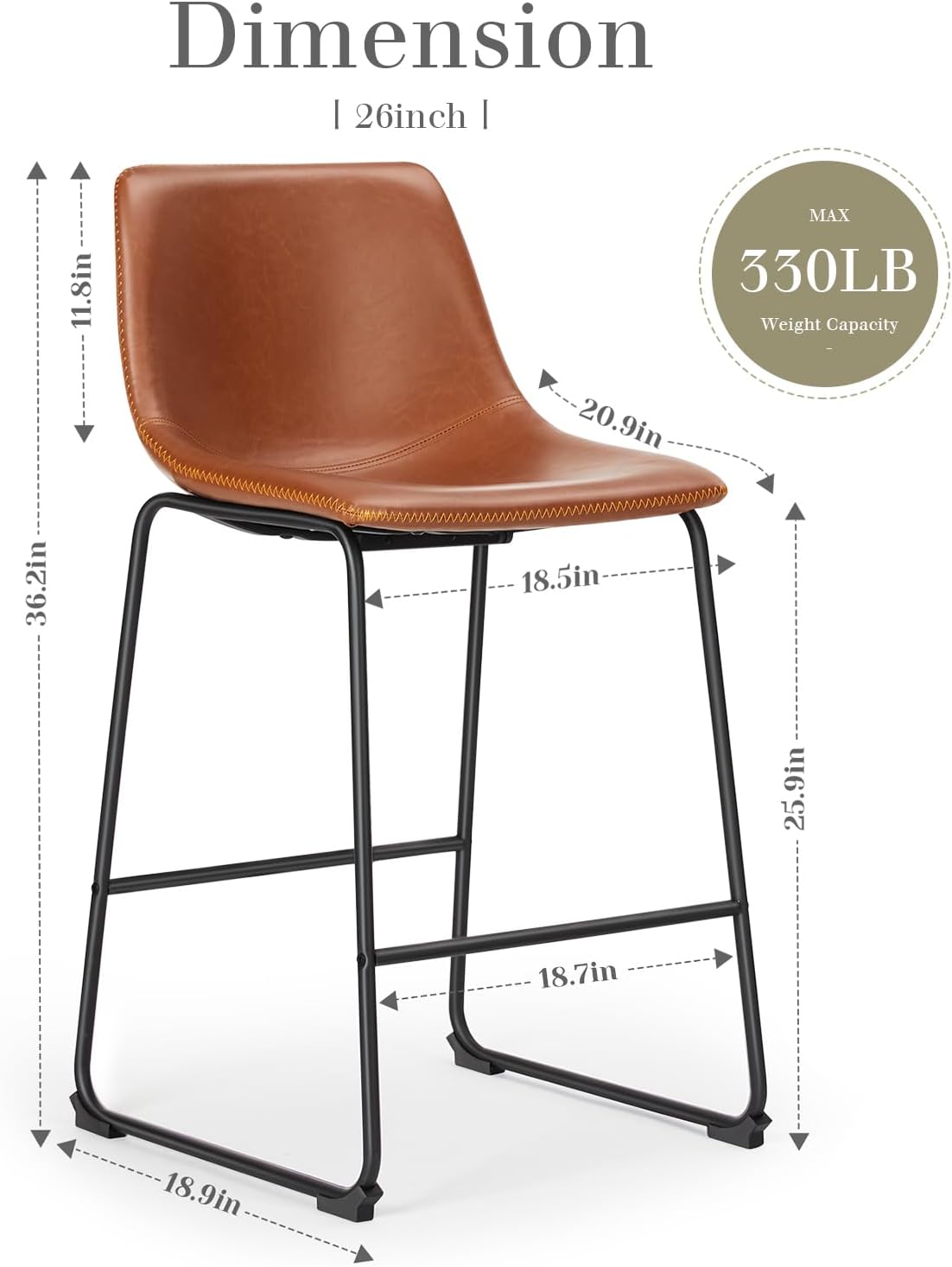 DUMOS 26 Inch Counter Height Bar Stools Set of 4, Modern Faux Leather High Barstools with Back and Metal Leg, Upholstered Bar Chairs for Kitchen Island, Brown