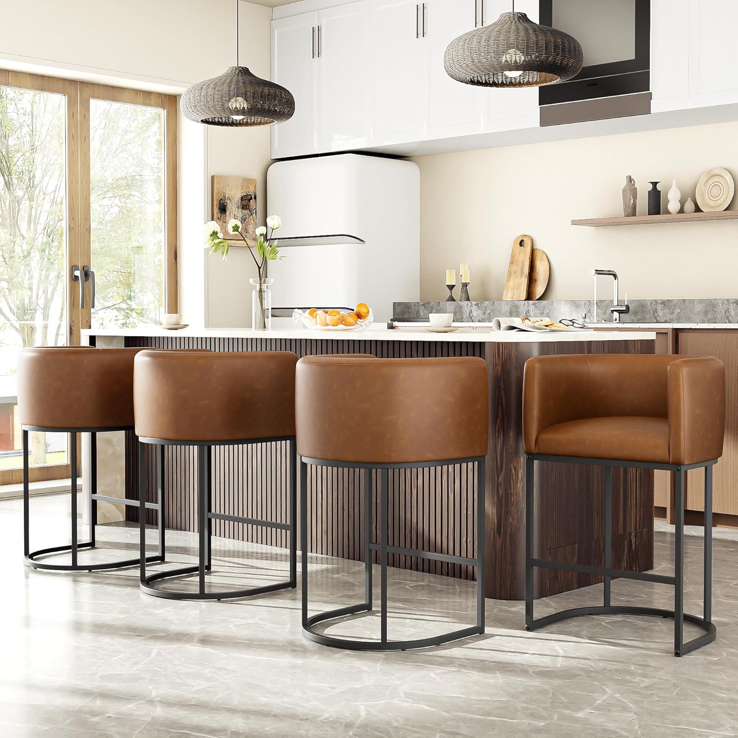 26" H Counter Height Bar Stools Set of 4, Modern Barrel Counter Stools with Backrest and Arms, Faux Leather Upholstered Accent Barstools for Kitchen Island,Support 450 LBS (Walnut Brown