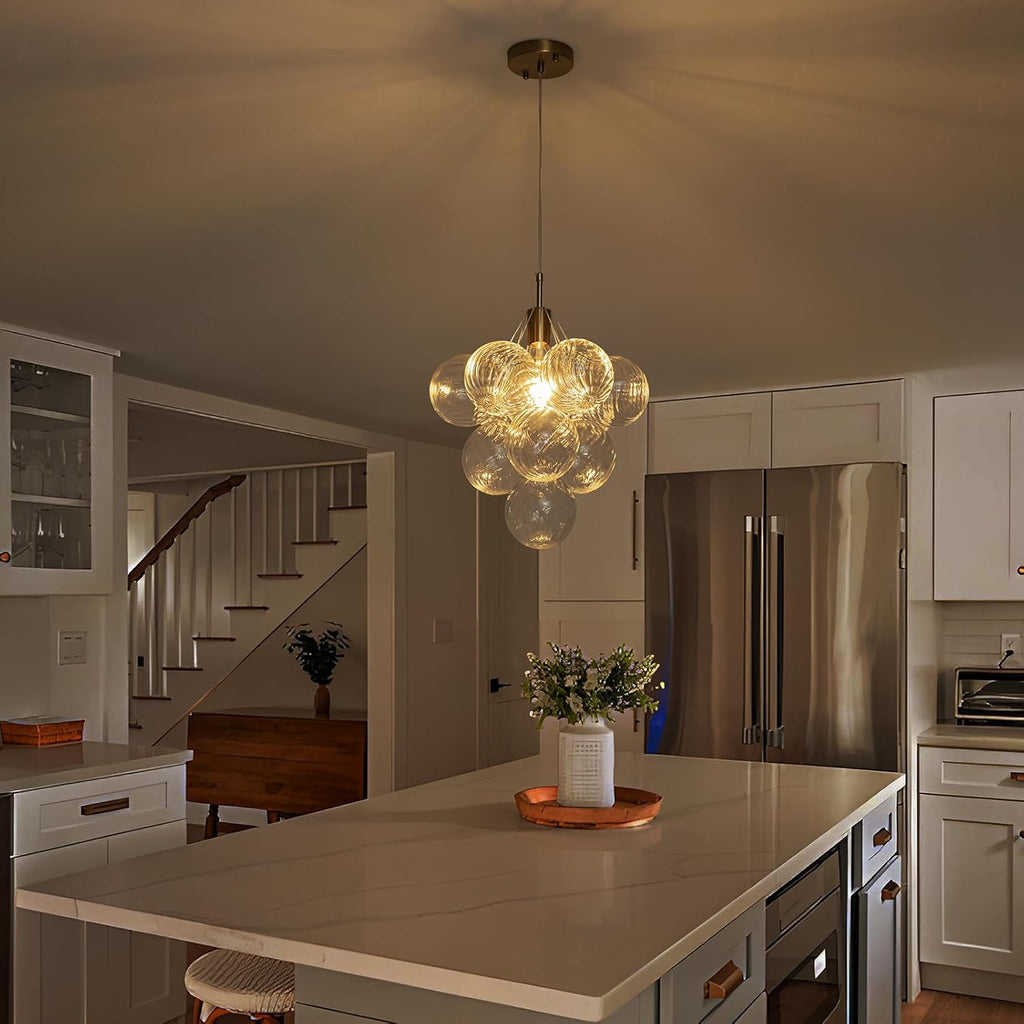 Dining Room Chandelier 14.17", Modern Brushed Gold Pendant Light Bubble Ceiling Light Chandelier Vintage Hanging Light Fixtures with 10 Swirled Glass Globe for Foyer Bedroom Kitchen, Include E26 Bulb