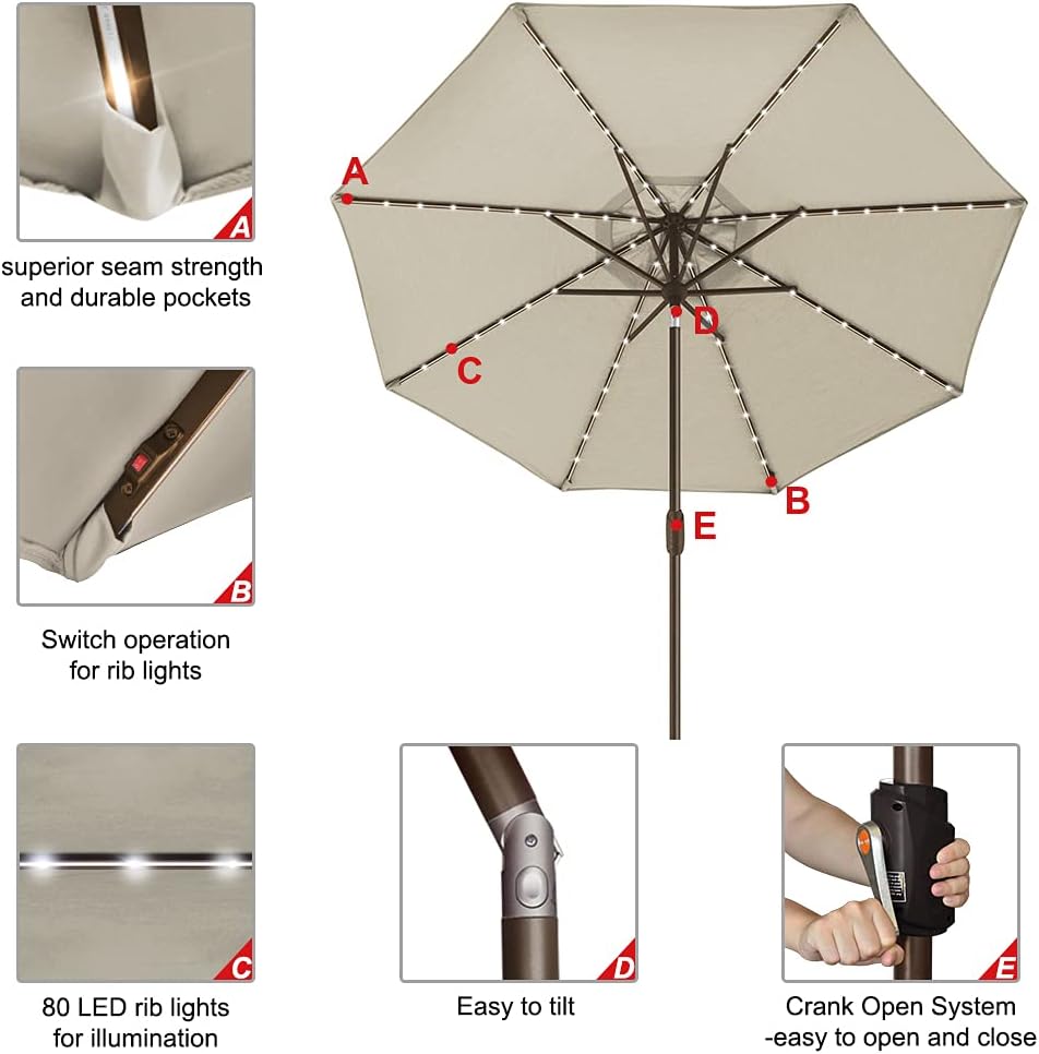 EliteShade USA 10-Year-Non-Fading 9ft Market Patio Umbrella, Commercial Grade Table Sun Umbrella with 80 Solar LED Lights, Crank Open, Windproof & UPF 50+ UV Protection for Garden, Deck, Pool, Backyard, Antique Beige