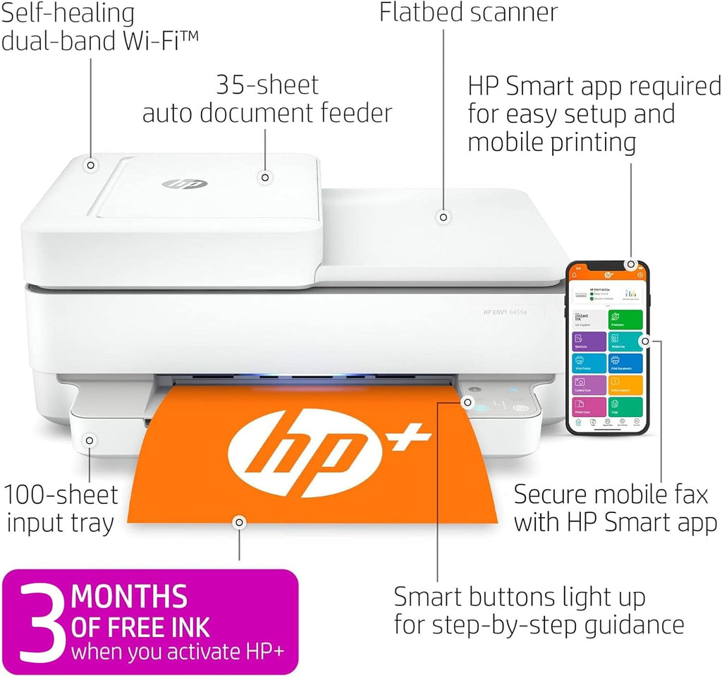 HP Envy 6455e Wireless Color Inkjet Printer, Print, scan, Copy, Easy Setup, Mobile Printing, Best-for-Home, 3 Month Instant Ink Trial Included, White