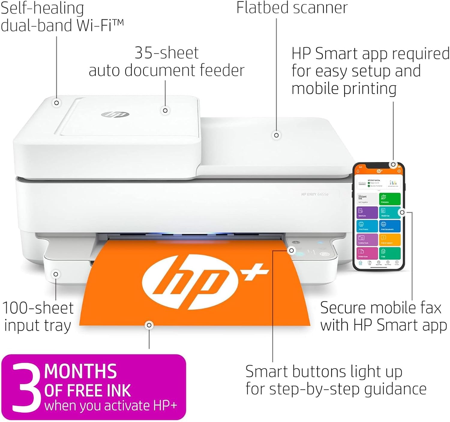 HP Envy 6455e Wireless Color Inkjet Printer, Print, scan, Copy, Easy Setup, Mobile Printing, Best-for-Home, 3 Month Instant Ink Trial Included, White