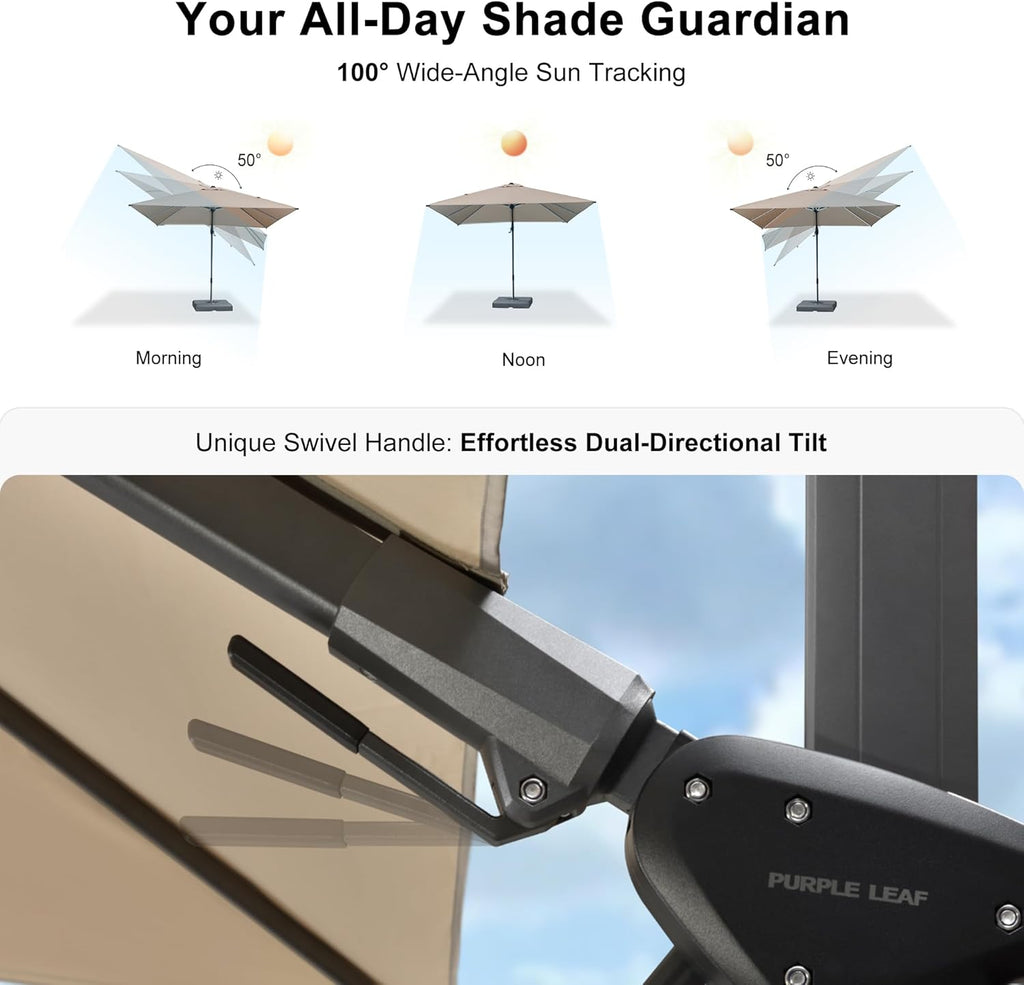 PURPLE LEAF 9.8' X 9.8' Tilting Patio Umbrella with Base Outdoor Cantilever Swivel Square Umbrella with Tilt Aluminum Offset Umbrella with 360-degree Rotation for Garden Deck Pool Patio Beige