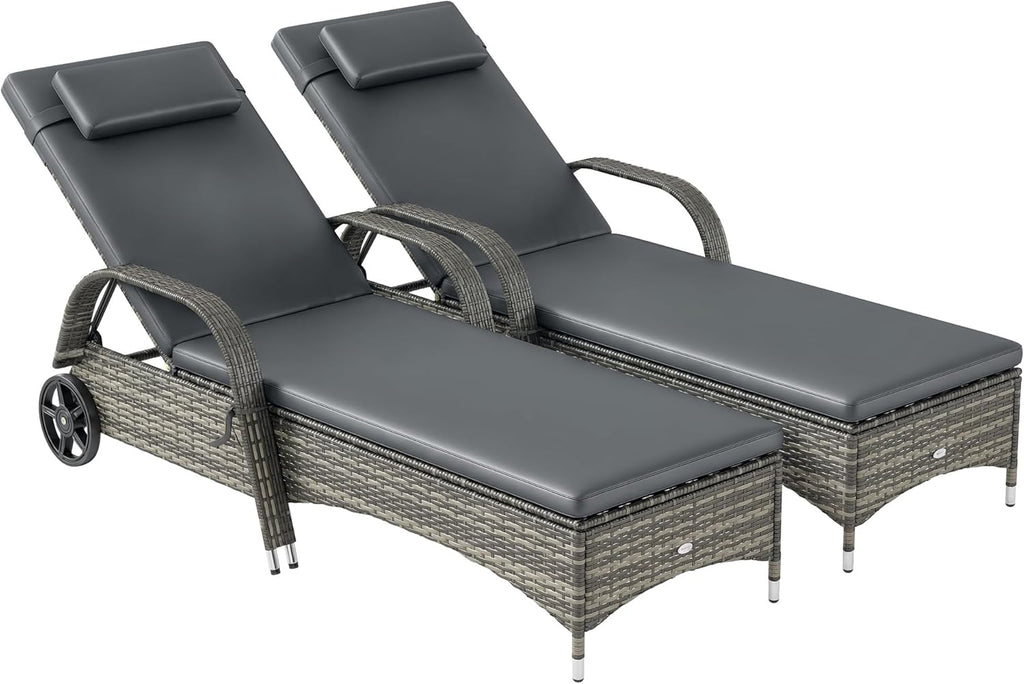 Outsunny Wicker Outdoor Chaise Lounge Set of 2, 5-Level Adjustable Backrest PE Rattan Pool Lounge Chair with Wheels, Cushion & Headrest, Mixed Gray and Gray