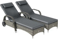Outsunny Wicker Outdoor Chaise Lounge Set of 2, 5-Level Adjustable Backrest PE Rattan Pool Lounge Chair with Wheels, Cushion & Headrest, Mixed Gray and Gray
