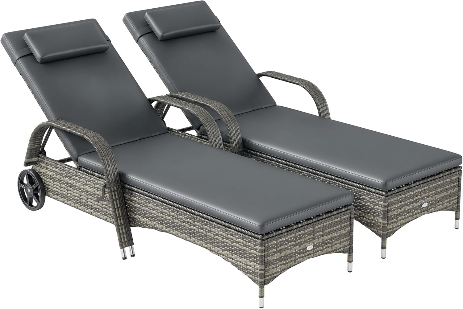 Outsunny Wicker Outdoor Chaise Lounge Set of 2, 5-Level Adjustable Backrest PE Rattan Pool Lounge Chair with Wheels, Cushion & Headrest, Mixed Gray and Gray