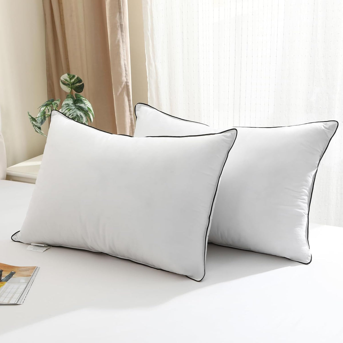 BPC Luxury Hotel Goose Feather Down Pillows Queen Size Set of 2, Medium Firm Bed Pillows for Sleeping, Organic Cotton Cover, Soft Yet Supportive Down Alternative Surround, RDS Certified, White 20"x30"