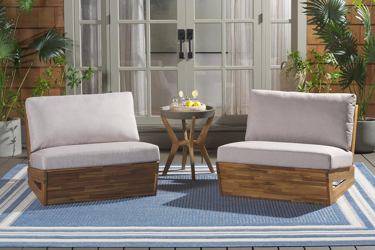 SAFAVIEH Outdoor - Lynn Lounge Chair Set of 2 - Natural & Light Grey - Solid Wood with Cushion - Modern Slatted Lounge Design - Ideal for Patio, Deck, Poolside, Backyard (PAT7328B-SET2)