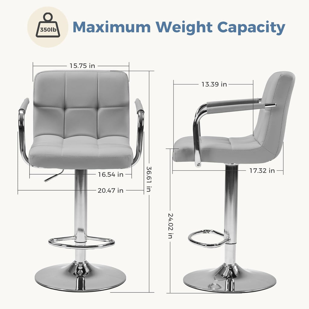 DUMOS Bar Stools Set of 4, Adjustable Swivel Bar Chairs with Padded Armrests and Ergonomic Backrest for Kitchen Island Counter Pub Dining Room, Water-Resistant PU Leather, Grey