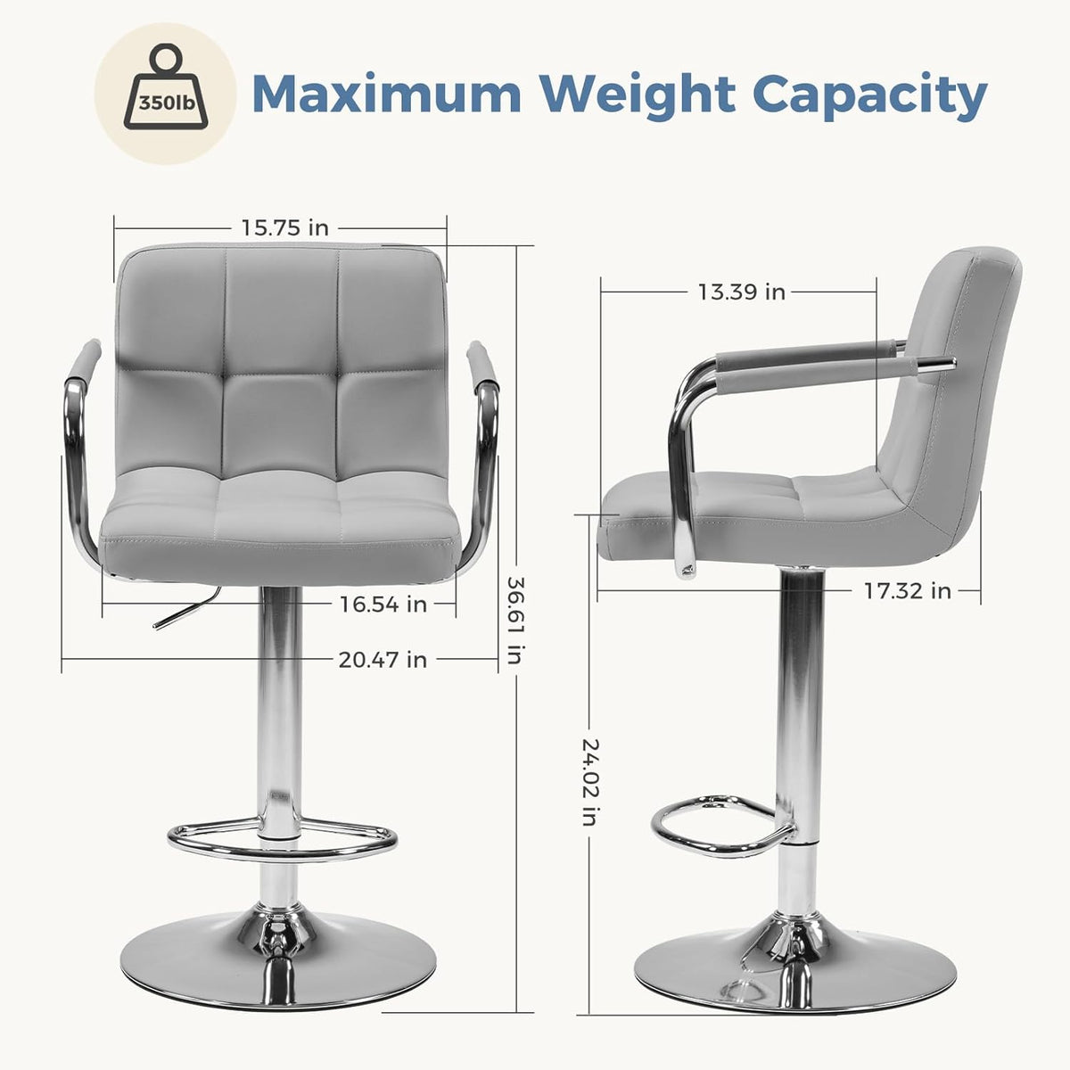 DUMOS Bar Stools Set of 4, Adjustable Swivel Bar Chairs with Padded Armrests and Ergonomic Backrest for Kitchen Island Counter Pub Dining Room, Water-Resistant PU Leather, Grey