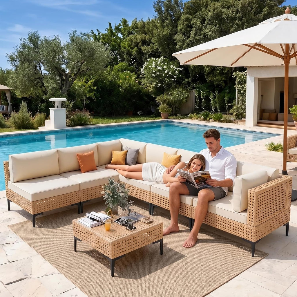 ABCASA Patio Furniture Set, 110" Large 7-Piece Wicker Outdoor Patio Furniture Sets with Anti-Slip Cushions & Coffee Table,Boho Patio Conversation Set Sectional Sofa for Backyard,Porch,Beige