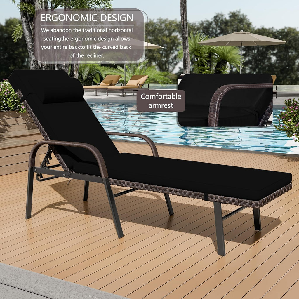 Patio Chaise Lounge Set 3 Pieces Outdoor Lounge Chair with Rattan Adjustable Backrest Armrest and Folding Table for Beach Patio,Sand, for Poolside Backyard Porch