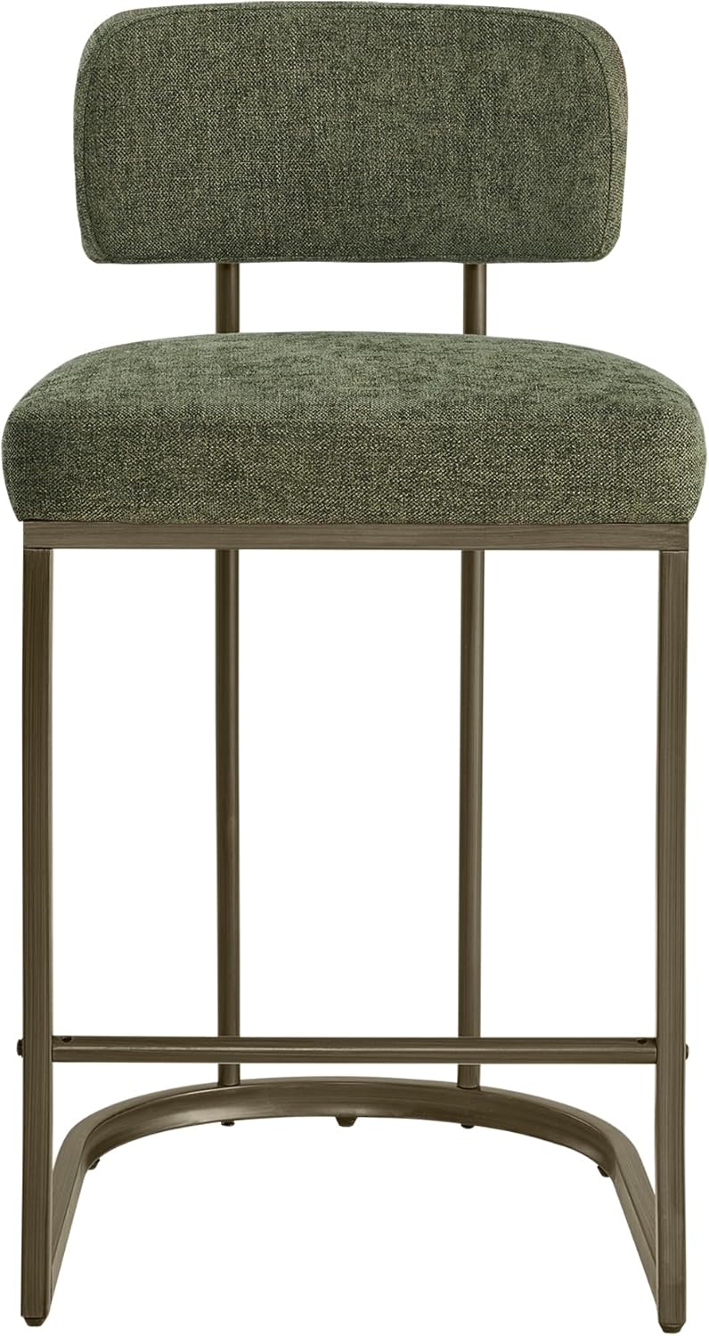 26" H Counter Height Bar Stools Set of 3, Modern Linen Fabric Upholstered Barstools with Backrest for Kitchen Island, Gold Metal Frames, Green