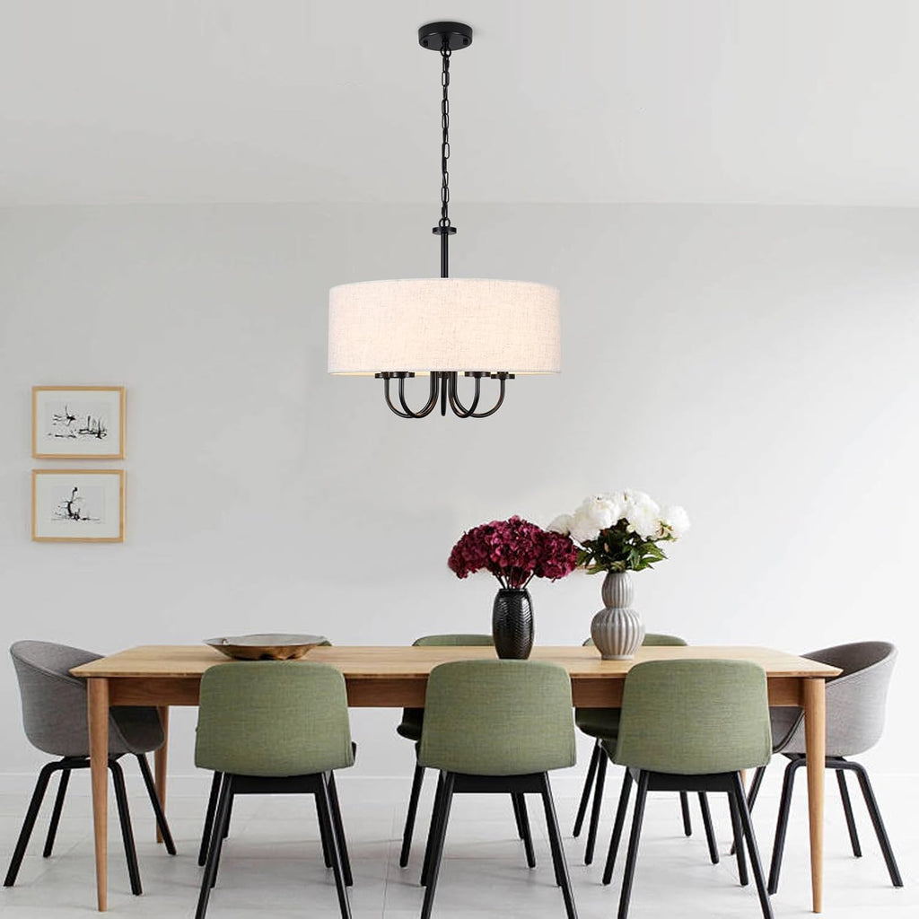 Drum Chandelier 5 Light 19" Dining Room Chandeliers Modern Black Farmhouse Chandelier White Linen Drum Shade Pendant Light Fixture for Living Room Bedroom Hallway