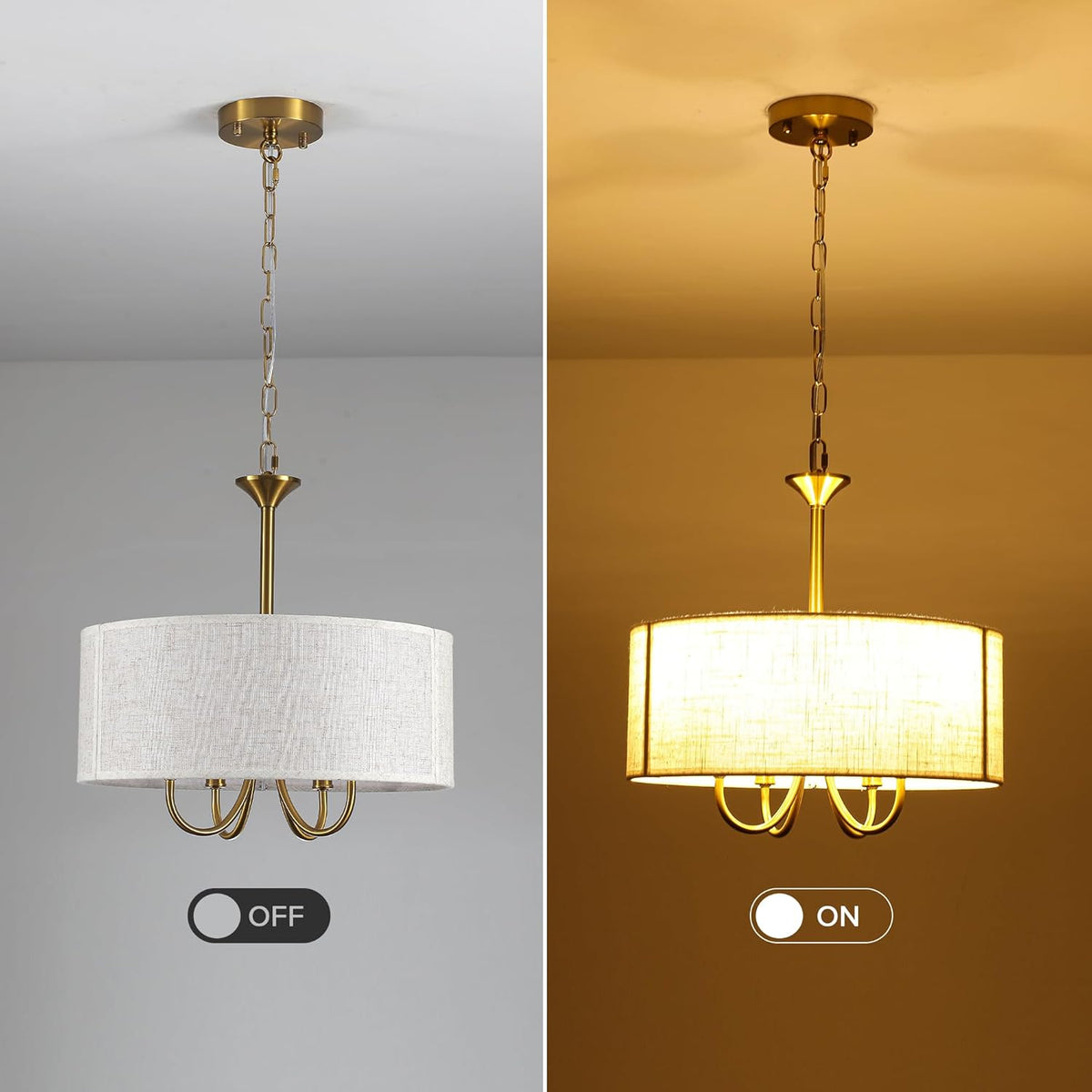 Drum Chandelier for Dining Room, 4-Light Modern Farmhouse Gold Chandelier with Linen Drum Shade, 16" Hanging Pendant Ceiling Light Fixture for Kitchen Island Bedroom Living Room