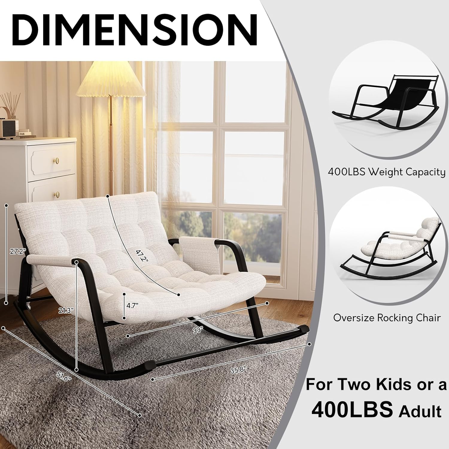 lavimiya Indoor Outdoor Patio Rocking Chairs, Papasan Rocking Chairs, Double Papasan Chair with Cushion, Oversized Modern Rocker Chairs for Living Room, Bedroom, Porch, Garden