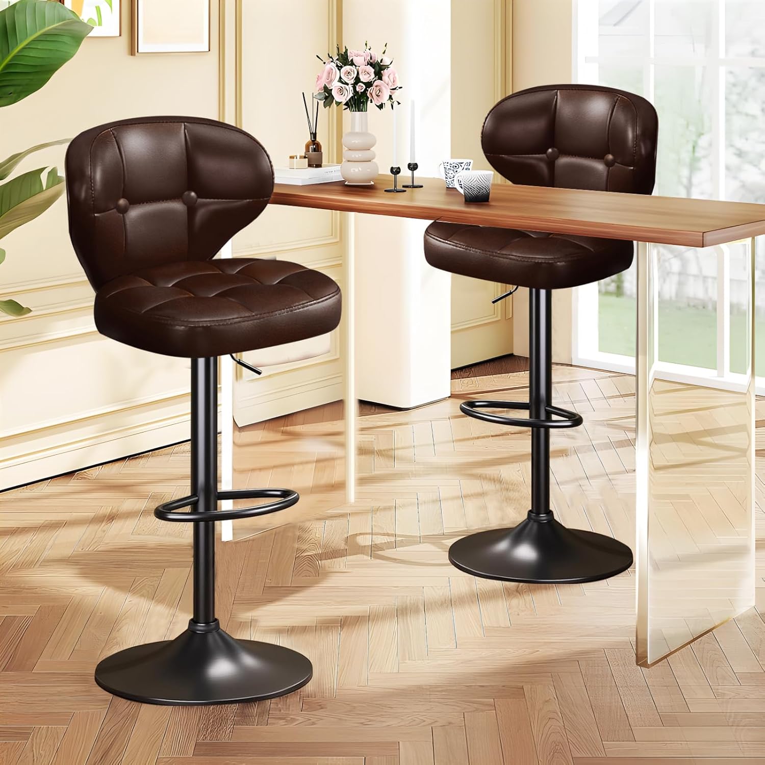 Bar Stools Set of 4, Adjustable Swivel Bar Chairs with 360° Rotation, Padded Counter Stools with Back and Footrest for Kitchen Island, Bistro, Cafe, and Home Use Brown-4PCS
