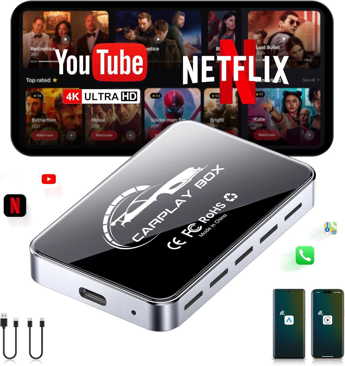FAIMEE AI Box Wireless CarPlay & Auto Adapter - Plug & Play, Dual-Band WiFi, Bluetooth 5.0, 4K Video Support, Android 12.0 System, Compatible with Factory CarPlay & Android Auto （4GB RAM+32GB ROM）