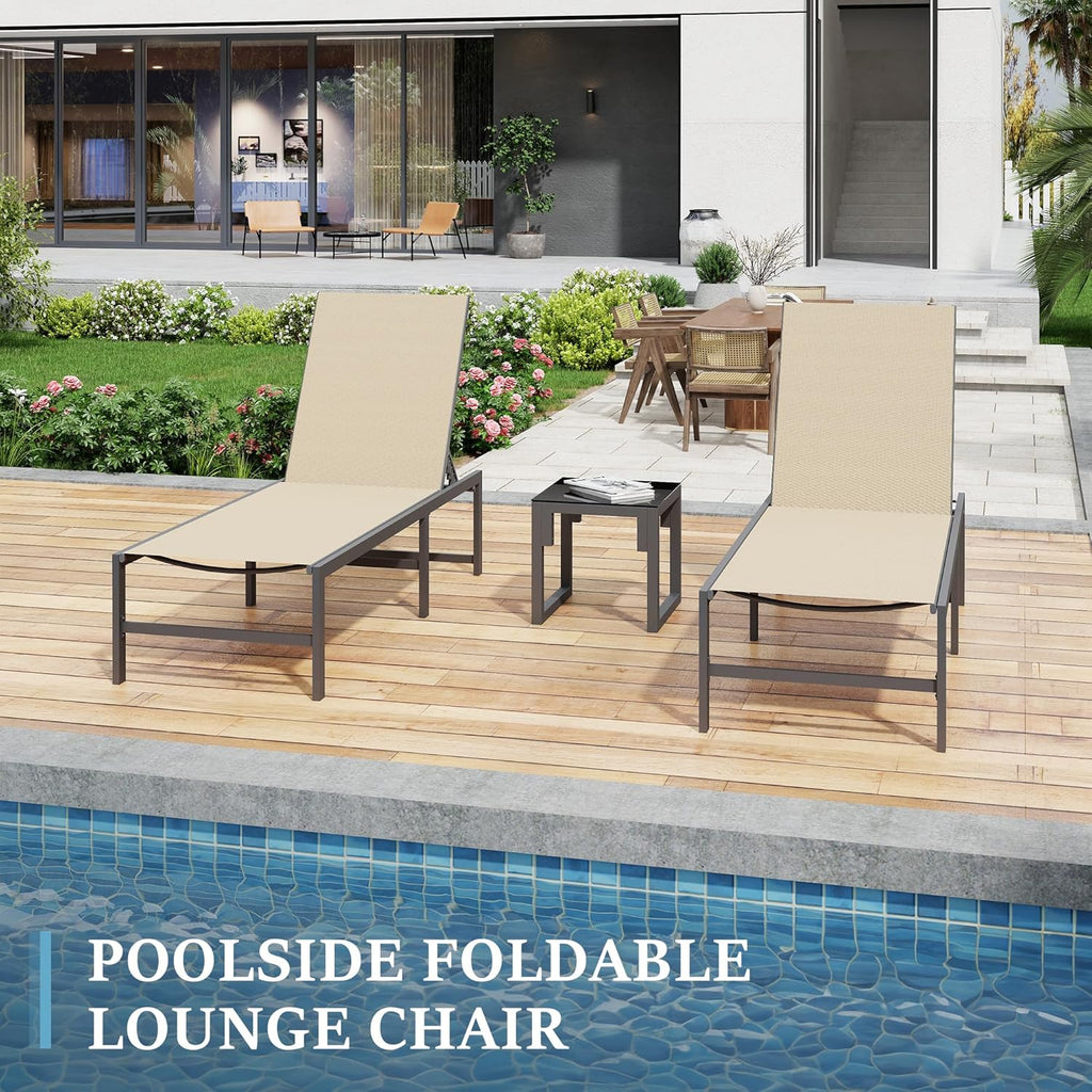 UDPATIO Foldable Patio Lounge Chair Sets with Side Table, No Assembly Outdoor Chaise Lounge with 5-Positions, Poolside Lounge Chairs with Portable Design for Pool, Beach, Deck, Backyard